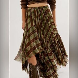 Free People FP One Clover Printed Skirt in Olive Combo Plaid Tiered Maxi Grunge